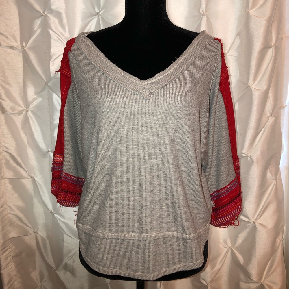 Free People Boho Embroidered 3/4 Sleeve Shirt